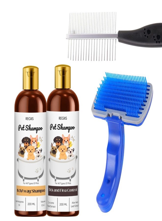 REGIIS Pet Grooming Kit with Dog Shampoo Set, Natural Flea Control and Itch Away Formula, 200ml Each, Blue Self Cleaning Brush(Pack of 4) - Image 1